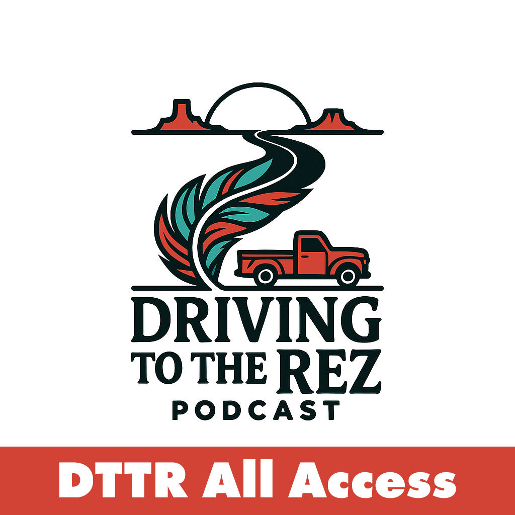 Logo for 'Driving to the Rez Podcast' with a red truck and road design on a white background.