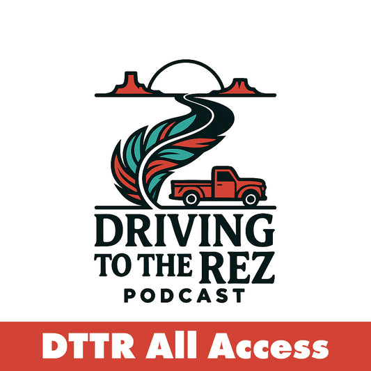 Logo for 'Driving to the Rez Podcast' with a red truck and road design on a white background.