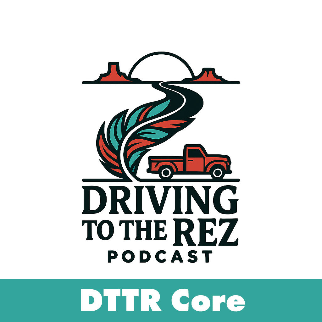 Logo for 'Driving to the Rez Podcast' with a red truck and road design on a white background.